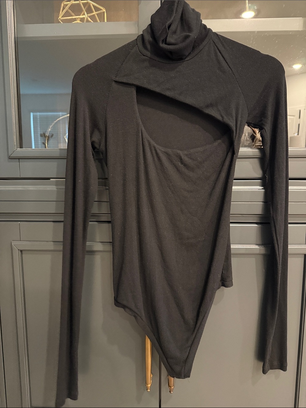 ALIX NYC Black Asymmetric Cutout Turtleneck Bodysuit